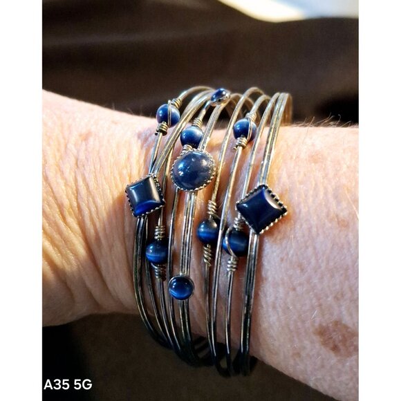 Adjustable Silver Wire Cuff Bracelet With Blue Beads & Square Accents - Picture 5 of 6